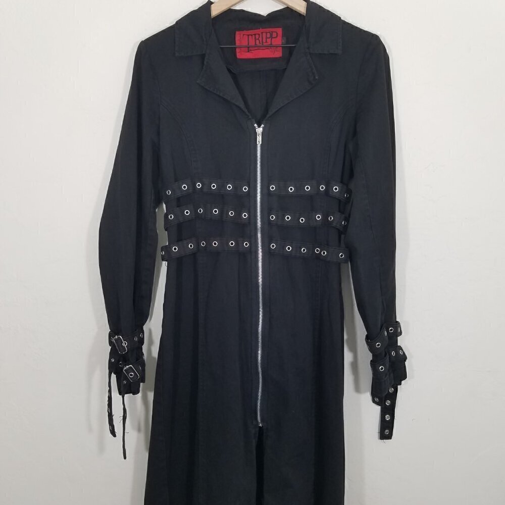 Tripp nyc Trench Coat Corset Goth Punk Emo Grommit Size L - Picture 2 of 11